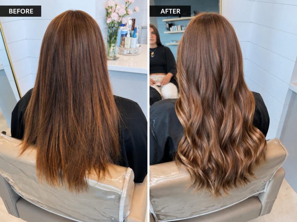 Before and after brunette hair extensions with dimensional balayage in Scottsdale