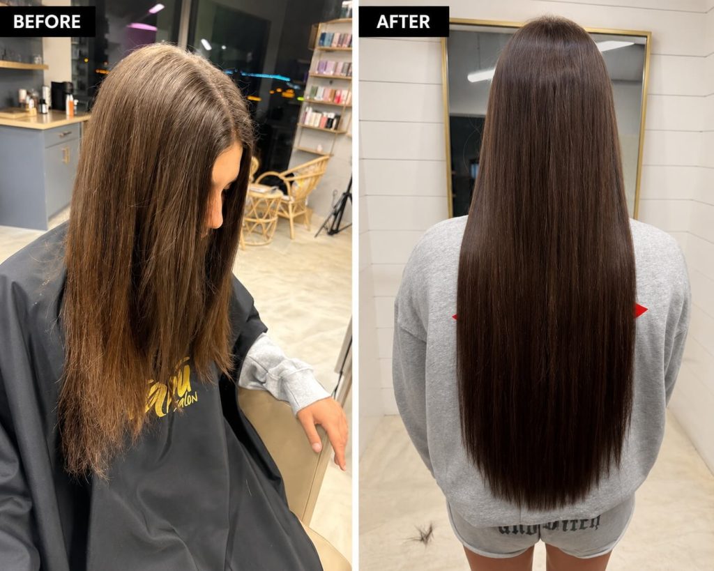 Before and after brunette hair extensions adding sleek length and healthy shine in Scottsdale