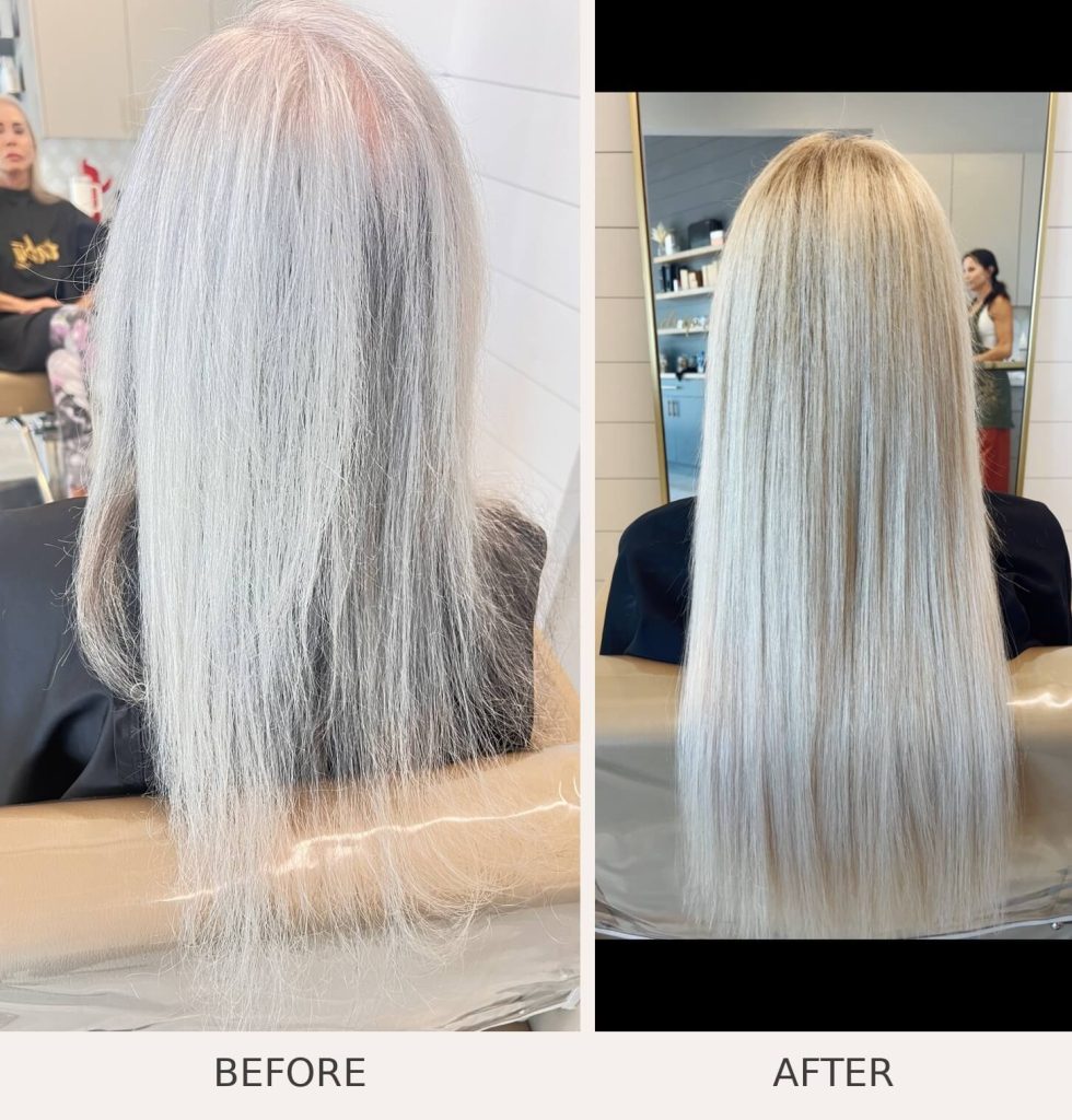 Before and after silver gray hair transformed to blended blonde in Scottsdale