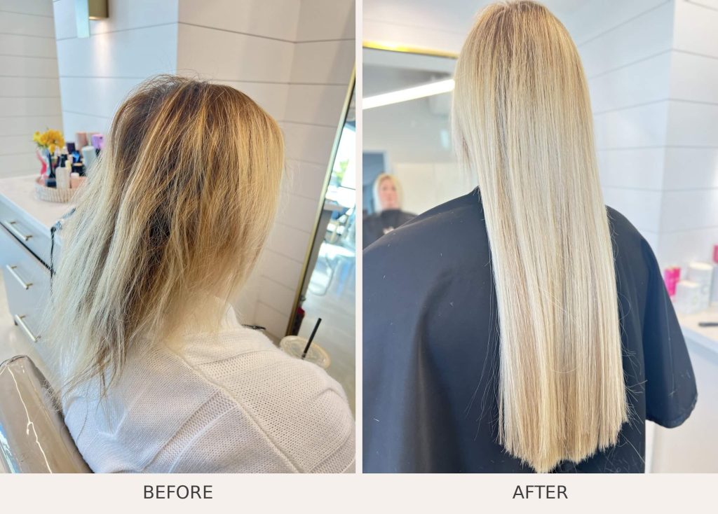 Before and after blonde hair extensions in Scottsdale adding length and thickness to fine hair