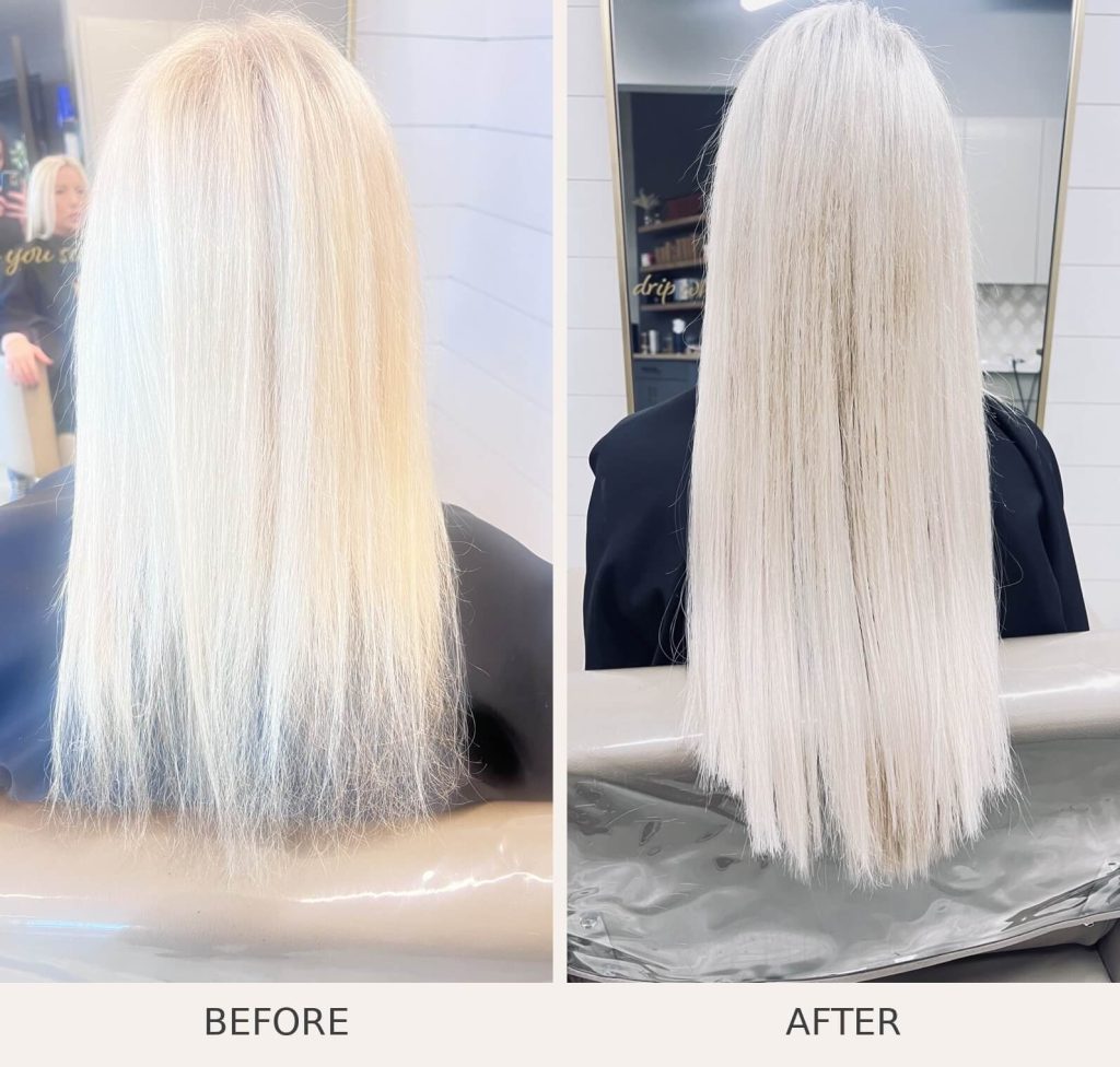 Before and after platinum blonde toning and extensions at Great Lengths Scottsdale
