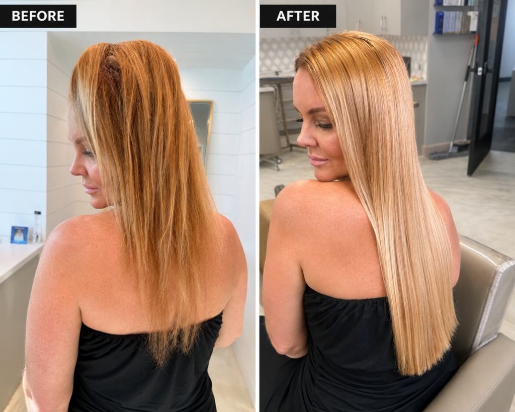 Before and after hair extensions in Scottsdale — thin blonde hair transformed into full, glossy length