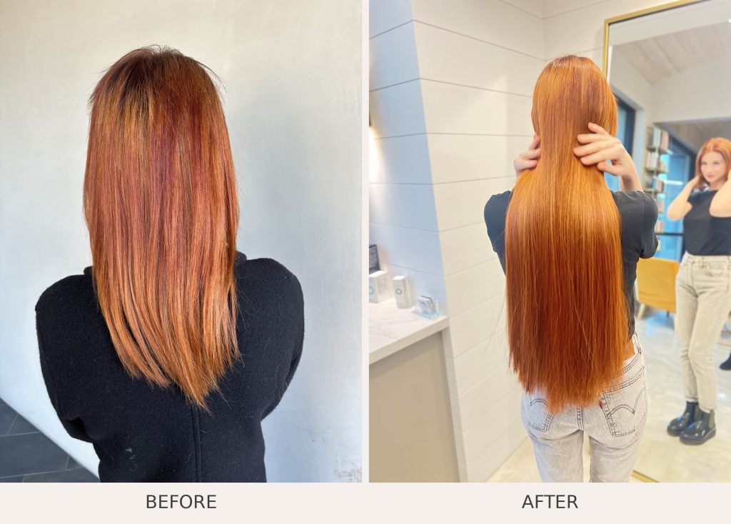 Before and after redhead hair extensions adding vibrant copper length and fullness in Scottsdale