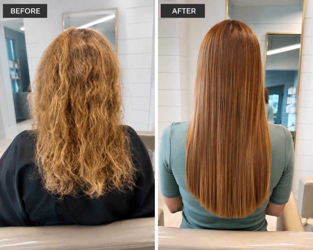 Before and after smoothing and color transformation on copper hair at Great Lengths Scottsdale